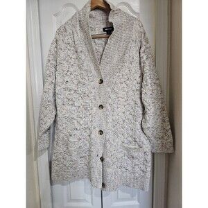 Lands' End Drifter Size 2X Oatmeal Heathered Cable Knit Cardigan Sweater